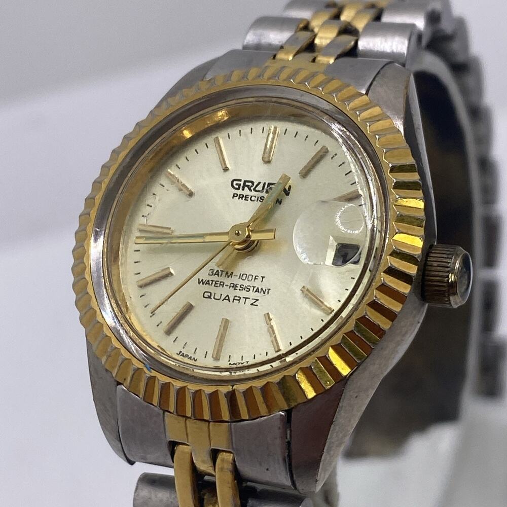 Vintage Gruen Womens Gold Silver Tone Watch Works New Battery